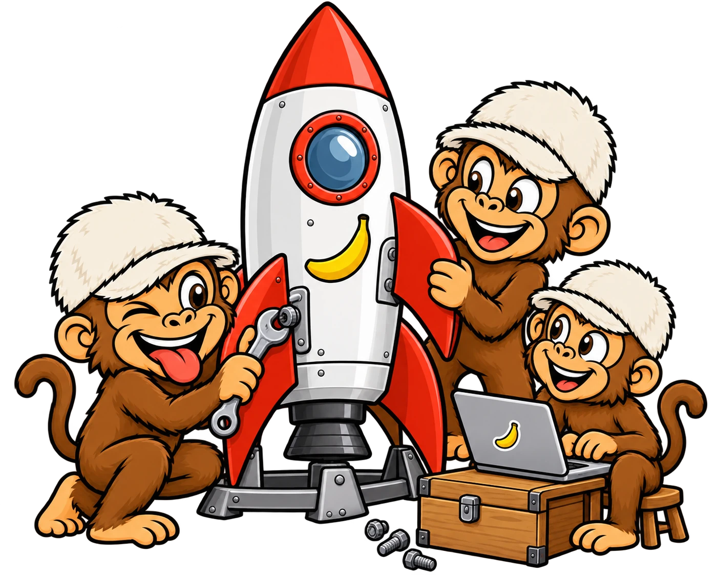 Three monkeys in fluffy hats building a rocket together