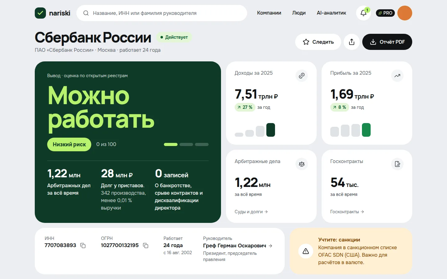 Company profile: overall risk verdict, revenue and profit, court cases, public contracts, sanctions